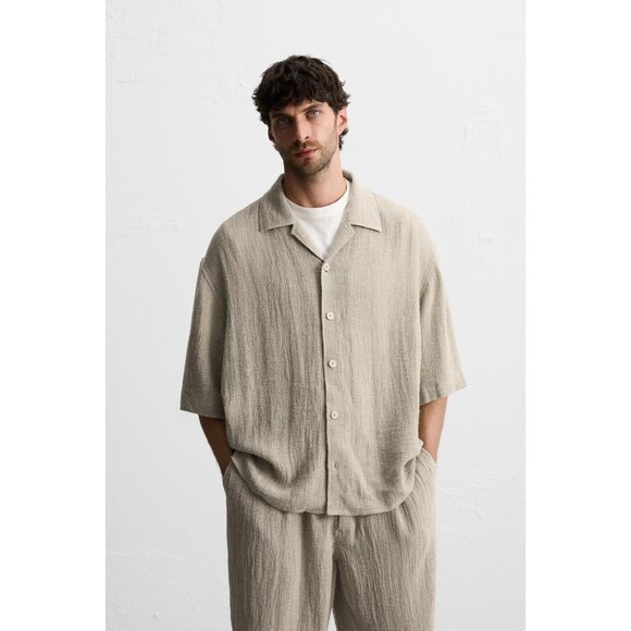 Zara Mens Button Up Shirt XL Tan Short Sleeve Oversized Linen 5344/312 NWT - Picture 1 of 16